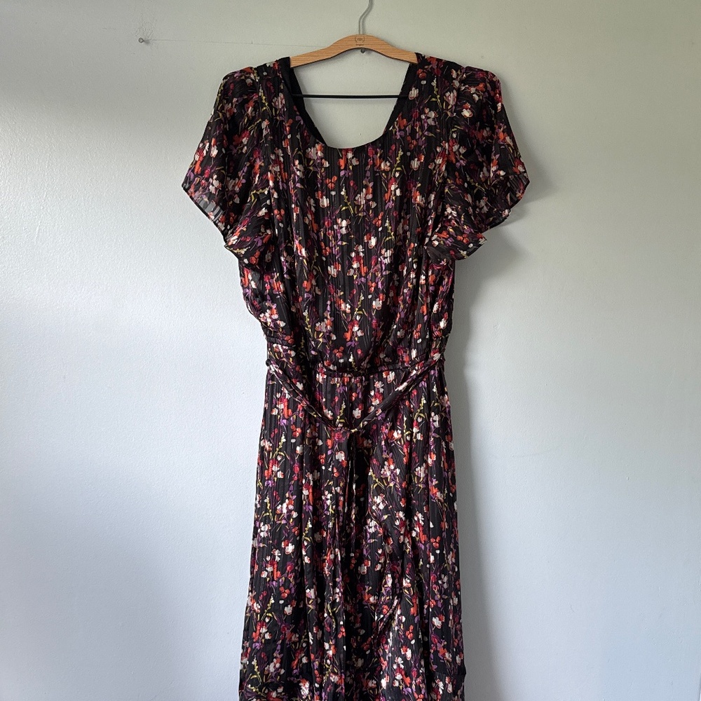 Floral Black Midi Dress with Puff Sleeves